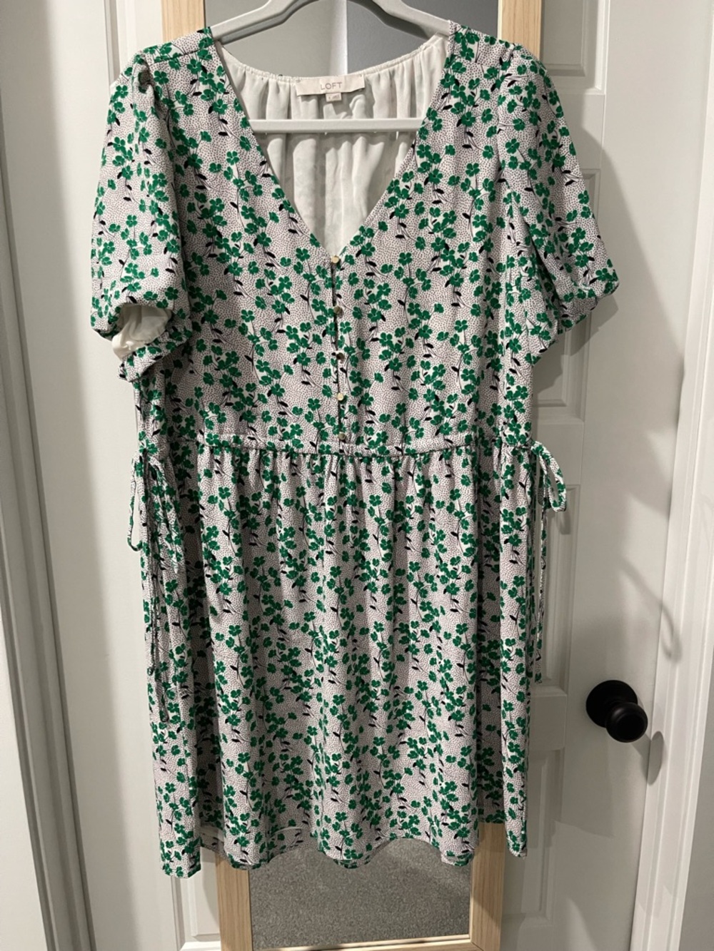 LOFT White Dress with Green Floral Print and Black Accents